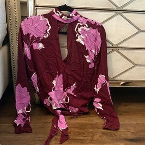 Free People Burgundy and Pink Floral Blouse
